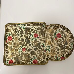Vtg gold & pink floral design paper mache snack set or tray